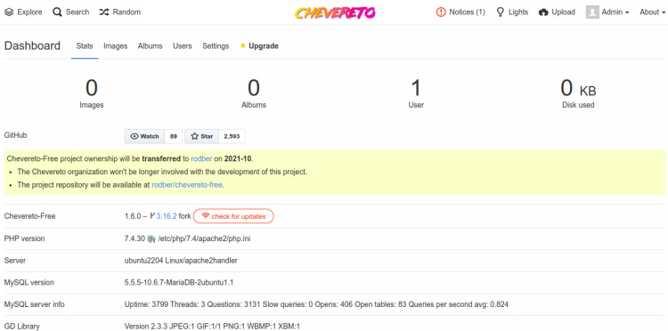 Cuadro de mandos de Chevereto