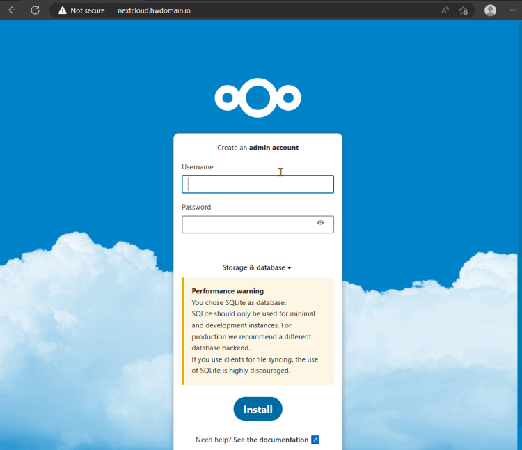 página del instalador de nextcloud