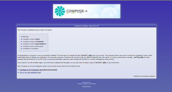 Instalación de Composr finalizada