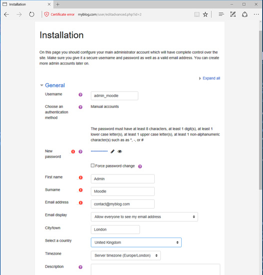 Configura los detalles de Moodle, como la zona horaria, etc.