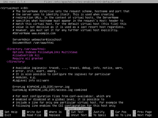 Conceder acceso al directorio /var/www/html y permitir anulaciones