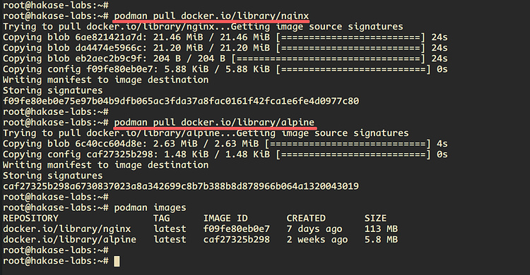 obtener imágenes con el comando podman pull