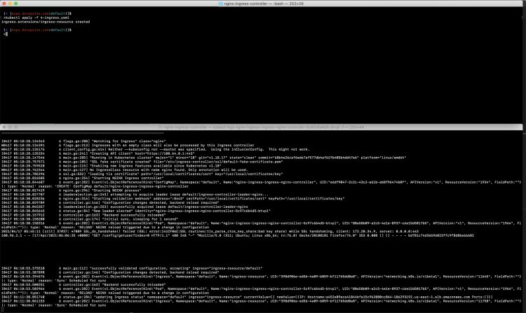 Crea un recurso Ingress y comprueba los registros del pod nginx-ingress