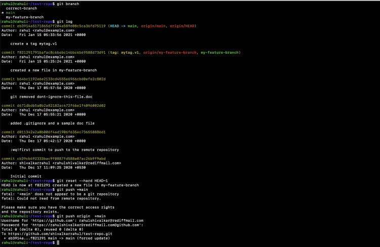 Elimina un commit local con hard reset y empuja al brach para eliminarlo también del remoto